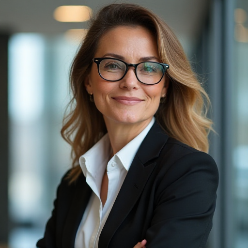 professional female marketing instructor with glasses in business attire