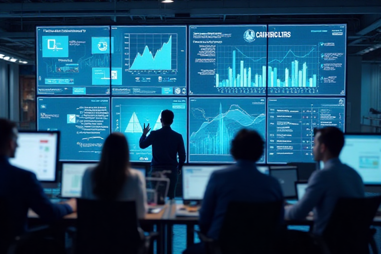 marketing professionals analyzing digital campaign results on large screens